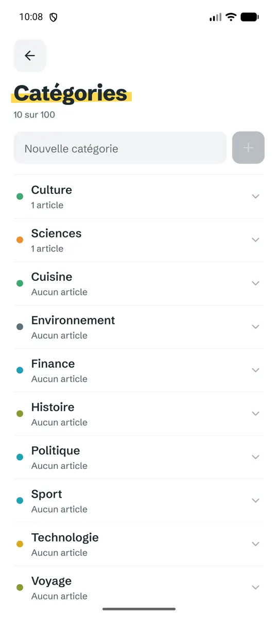 L’écran des catégories de SkimSum : Culture, Sciences, Cuisine et d’autres, avec le nombre d’articles de chacune
